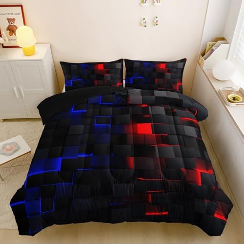 Nttopship Red Blue Checkered Comforter Set King 3PCS