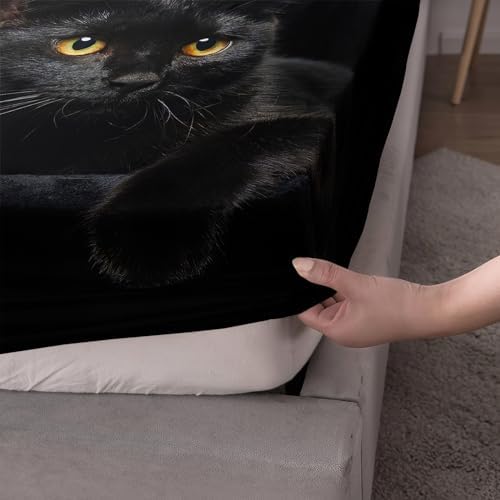 Nttopship Black Cat 4Pcs Microfiber Bed Sheets Queen Size