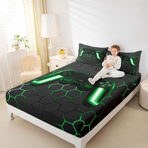 Game Bed Sheets for Boys Queen Size Set Neon Lights