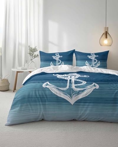 Nautical White Anchor Duvet Cover Queen Set