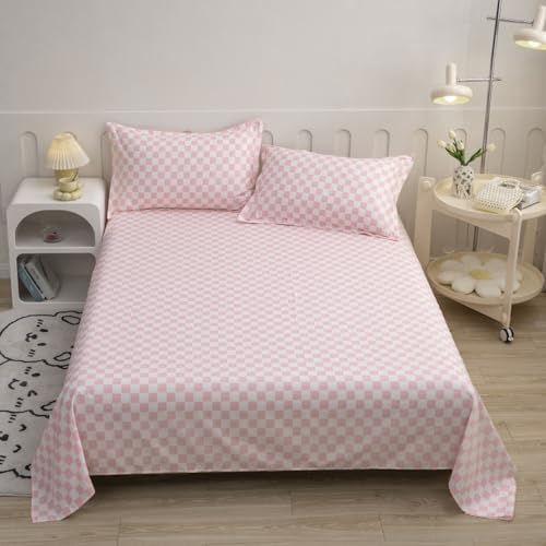 Wellboo Pink White Plaid Queen Bed Sheet Set