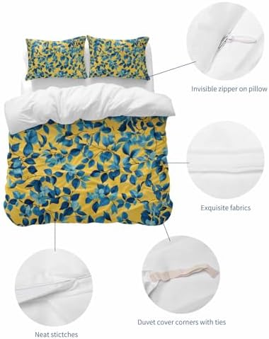 ZOE GARDEN Blue Leaf Duvet Cover Set Queen Size 3 Piece