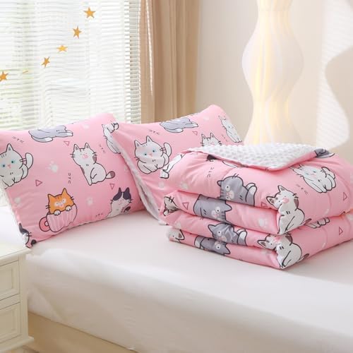 Gusuhome Kids Pink Cats Comforter Set 3 Piece