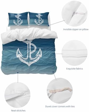 Nautical White Anchor Duvet Cover Queen Set