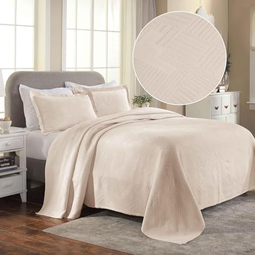 Superior 100 Cotton Geometric Fret Bedspread Set Queen Bisque