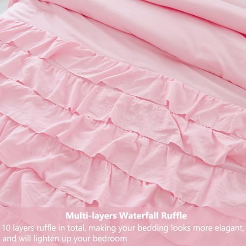 PERFEMET Pink Ruffle Comforter Set Full Size 3 Pieces