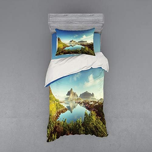 Ambesonne European Duvet Cover Set with Print Twin Size Green Blue