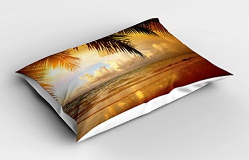 Ambesonne Ocean Pillow Sham - Caribbean Sunset Beach with Palm Tree