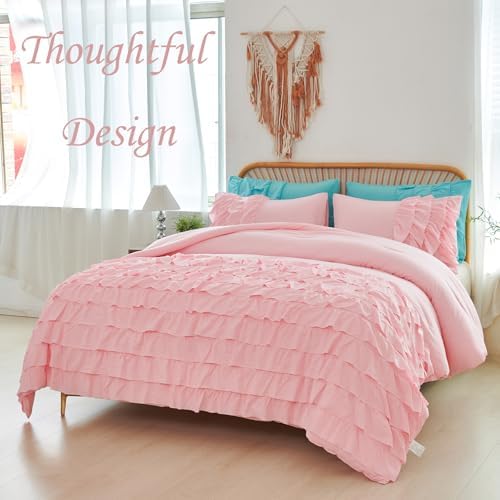 PERFEMET Pink Ruffle Comforter Set Full Size 3 Pieces