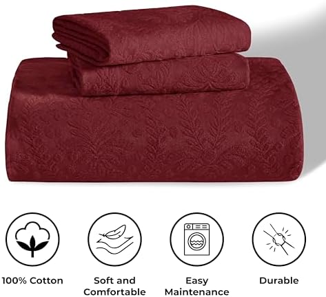 Superior Aspen Cotton Blend 3 Piece Bedspread Set Floral Scalloped Burgundy