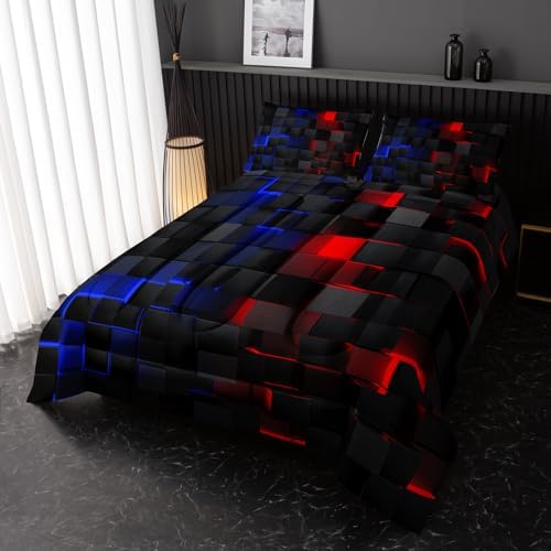 Nttopship Red Blue Checkered Comforter Set King 3PCS