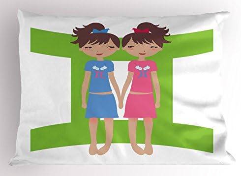 Ambesonne Gemini Pillow Sham - Green Sign with Twin Girl Cartoon 36 x 20