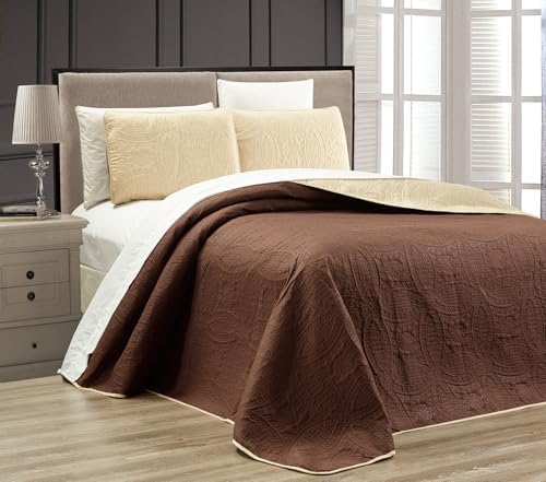 Grand Linen 3-Piece Chocolate Brown Khaki Reversible Coverlet Set 118x106-Inch