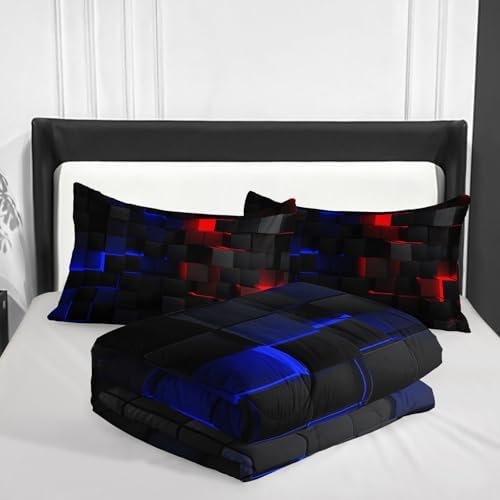 Nttopship Red Blue Checkered Comforter Set King 3PCS