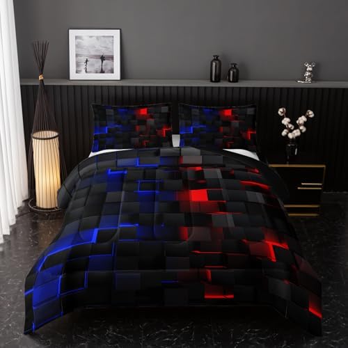 Nttopship Red Blue Checkered Comforter Set King 3PCS