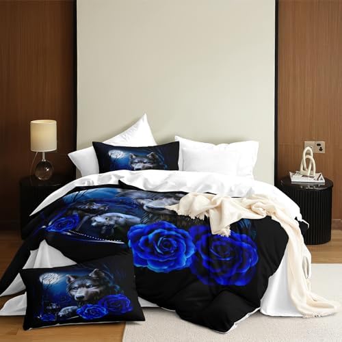 Wolf King Bedding Set Blue Flower Microfiber