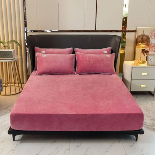 Soft Velvet Fitted Sheet with Elastic Bands for 160x200cm DarkPink Bed