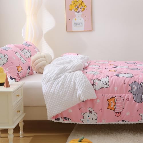 Gusuhome Kids Pink Cats Comforter Set 3 Piece