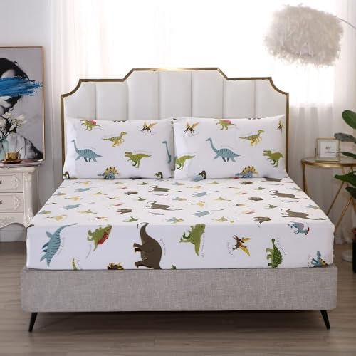 MAG 3PCS White Dinosaur Queen Bedding Sheet Set
