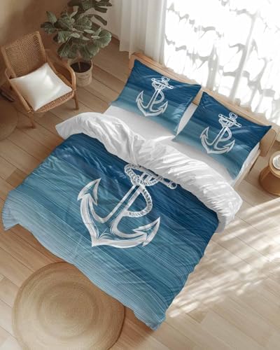 Nautical White Anchor Duvet Cover Queen Set