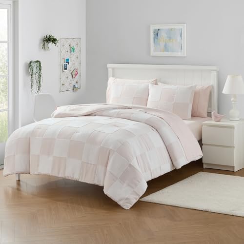 Kids Comforter Set - Blush Pink Chenille Checkered Full