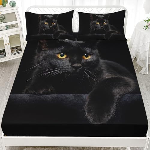 Nttopship Black Cat 4Pcs Microfiber Bed Sheets Queen Size