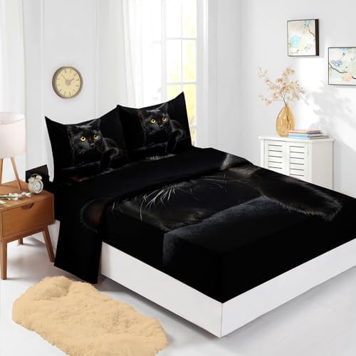 Nttopship Black Cat 4Pcs Microfiber Bed Sheets Queen Size