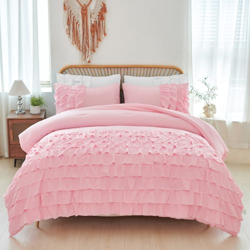 PERFEMET Pink Ruffle Comforter Set Full Size 3 Pieces