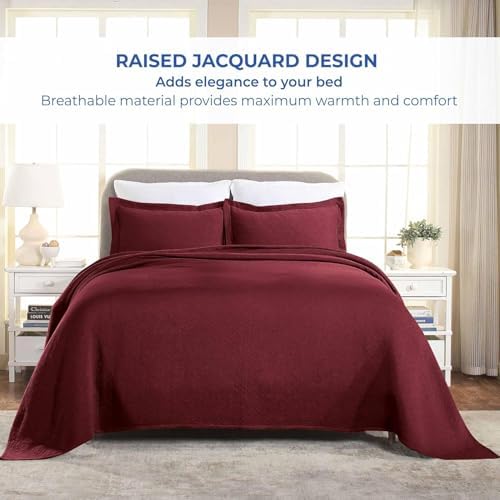 Superior 100 Cotton Basket Weave Bedspread Set - King Size Garnet
