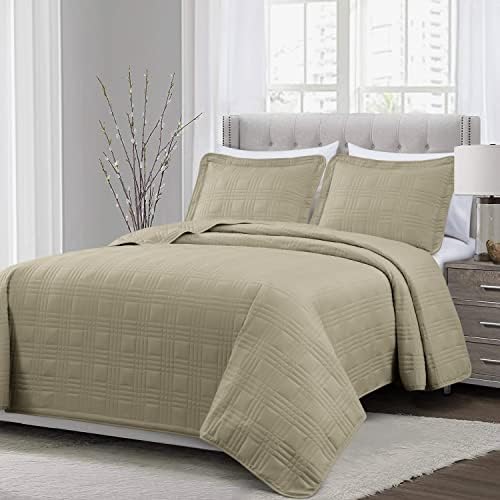 Chezmoi Collection Kingston Queen Size Bedspread Set 3-Piece Khaki Microfiber