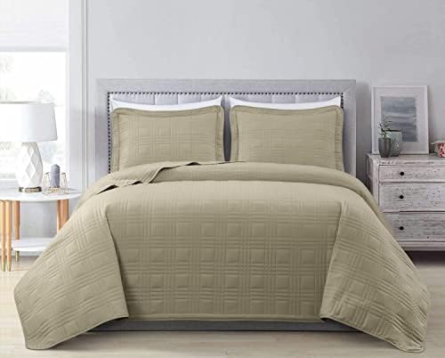 Chezmoi Collection Kingston Queen Size Bedspread Set 3-Piece Khaki Microfiber