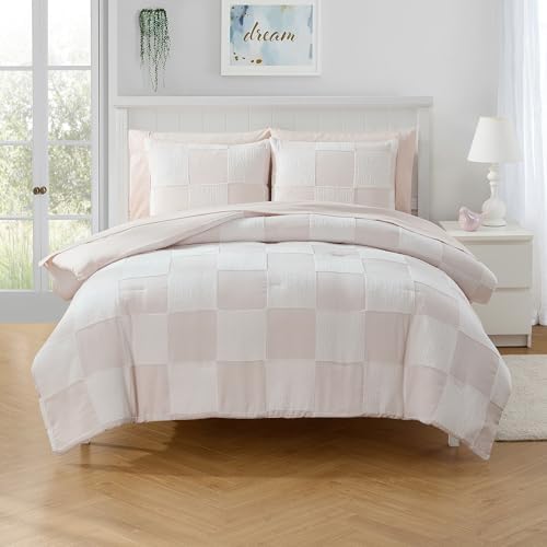 Kids Comforter Set - Blush Pink Chenille Checkered Full