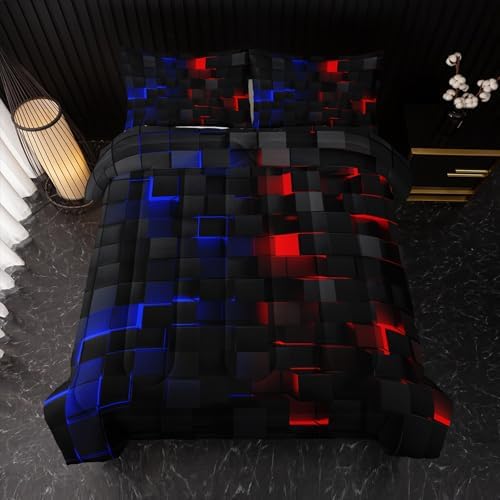 Nttopship Red Blue Checkered Comforter Set King 3PCS
