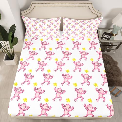 Feelyou Pink Monkey Bed Sheets Set Queen Size