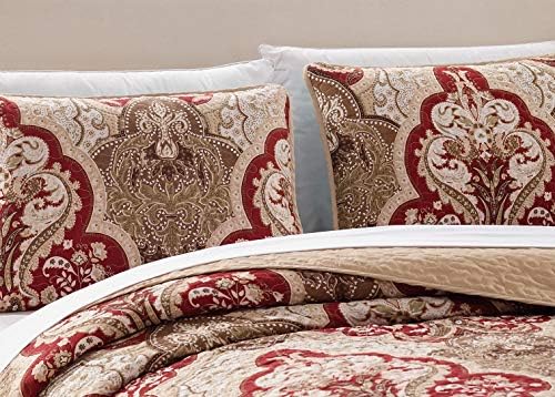 Better Home Style 3-Piece Luxury Taupe Burgundy Floral Bedspread Set