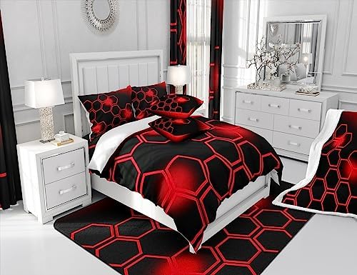 Feelyou Red and Black Honeycomb Sheet Set Queen Size