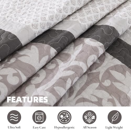 Bedduvit Oversized Queen Bedspread Set 3pcs - Farmhouse Striped Botanical Bedspread Coverlet