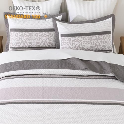 Bedduvit Oversized Queen Bedspread Set 3pcs - Farmhouse Striped Botanical Bedspread Coverlet