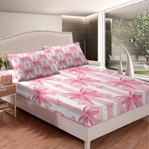 Feelyou Pink Bowknot Fitted Sheet Set Queen Size