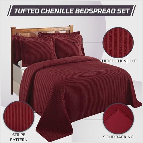 Better Trends Chenille Bedspread Set Burgundy 96x110 with 2 Shams