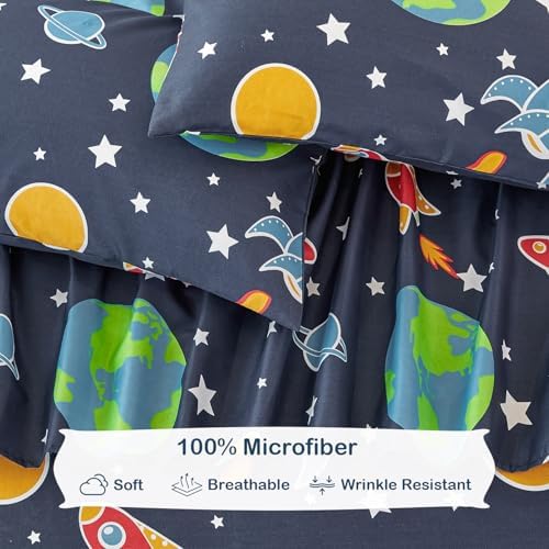 WINLIFE Galaxy Bed Sheet Set Twin Navy Blue for Kids