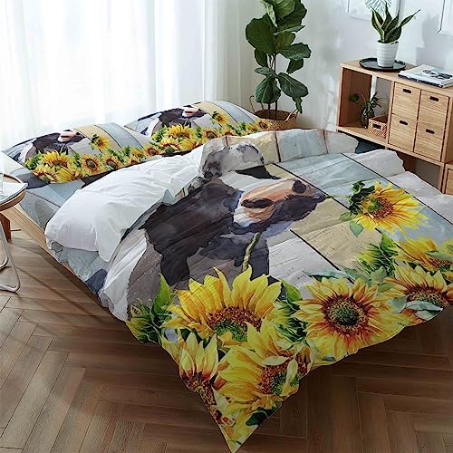 LooPoP 4PCS California King Comforter Set with Farm Cow Sunflower Design