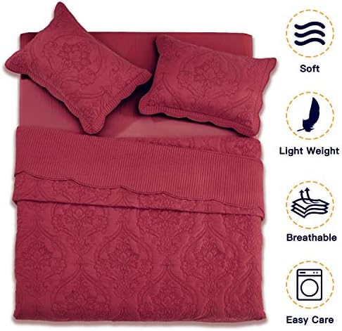 CHIXIN Reversible Bedspread Set - Damask Paisley Wine Red Full Size