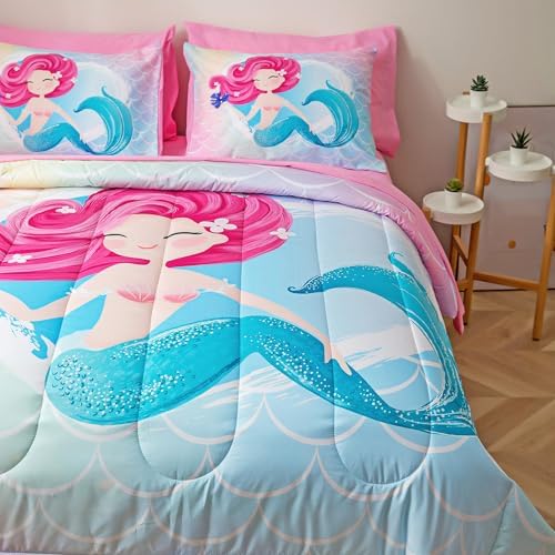 Mermaid Kids Comforter Set Purple Sea Princess Queen Bedding
