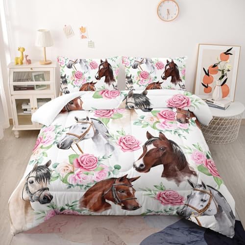 Nttopship Horse and Flower 3 Piece Comforter Set