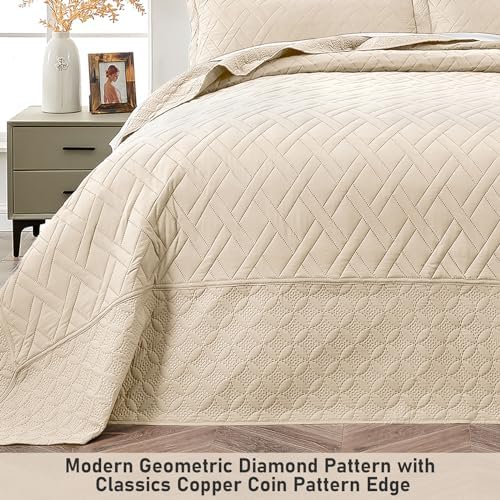 Qucover King Bedspread Set 128x120 Beige Microfiber