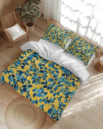 ZOE GARDEN Blue Leaf Duvet Cover Set Queen Size 3 Piece