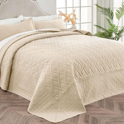 Qucover King Bedspread Set 128x120 Beige Microfiber