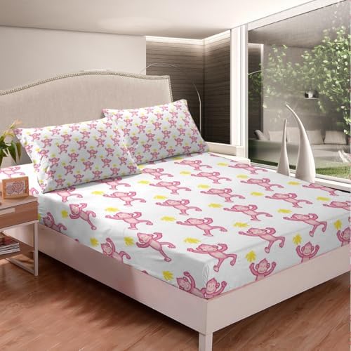 Feelyou Pink Monkey Bed Sheets Set Queen Size