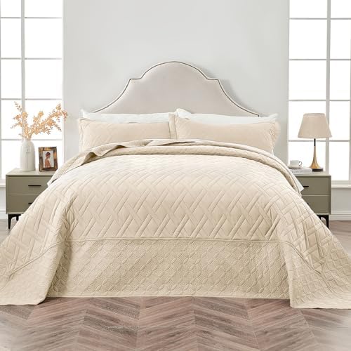 Qucover King Bedspread Set 128x120 Beige Microfiber